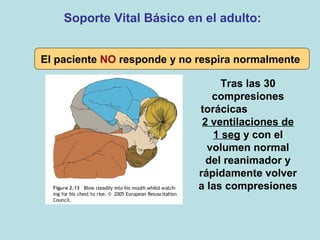 El paciente NO responde y no respira normalmente
Tras las 30
compresiones
torácicas
2 ventilaciones de
1 seg y con el
volumen normal
del reanimador y
rápidamente volver
a las compresiones
Soporte Vital Básico en el adulto:
 
