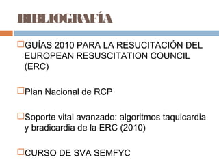 BIBLIOGRAFÍA
GUÍAS 2010 PARA LA RESUCITACIÓN DEL
EUROPEAN RESUSCITATION COUNCIL
(ERC)
Plan Nacional de RCP
Soporte vital avanzado: algoritmos taquicardia
y bradicardia de la ERC (2010)
CURSO DE SVA SEMFYC
 