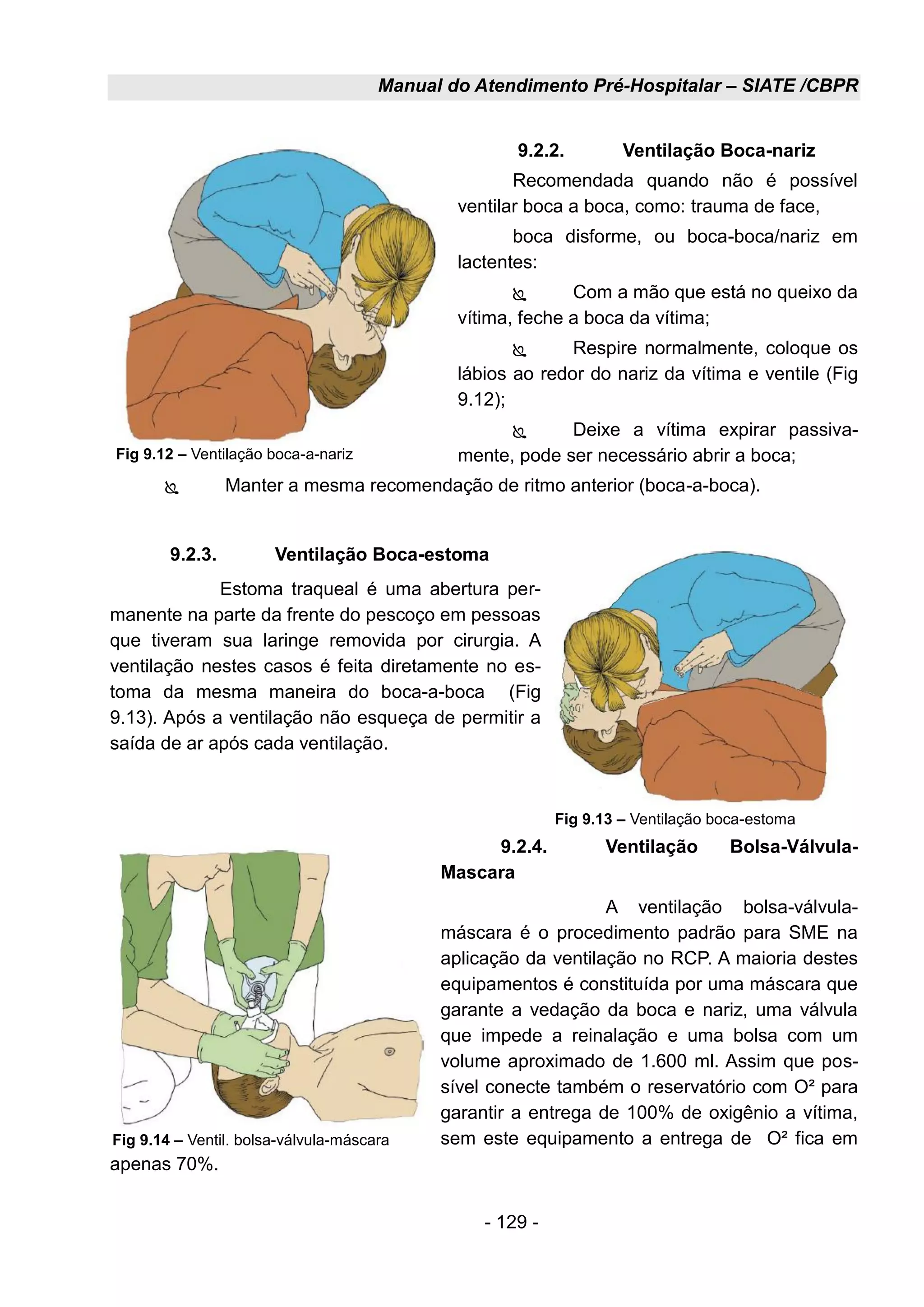 Manual do Atendimento Pré-Hospitalar – SIATE /CBPR
- 129 -
9.2.2. Ventilação Boca-nariz
Recomendada quando não é possível
ventilar boca a boca, como: trauma de face,
boca disforme, ou boca-boca/nariz em
lactentes:
 Com a mão que está no queixo da
vítima, feche a boca da vítima;
 Respire normalmente, coloque os
lábios ao redor do nariz da vítima e ventile (Fig
9.12);
 Deixe a vítima expirar passiva-
mente, pode ser necessário abrir a boca;
 Manter a mesma recomendação de ritmo anterior (boca-a-boca).
9.2.3. Ventilação Boca-estoma
Estoma traqueal é uma abertura per-
manente na parte da frente do pescoço em pessoas
que tiveram sua laringe removida por cirurgia. A
ventilação nestes casos é feita diretamente no es-
toma da mesma maneira do boca-a-boca (Fig
9.13). Após a ventilação não esqueça de permitir a
saída de ar após cada ventilação.
9.2.4. Ventilação Bolsa-Válvula-
Mascara
A ventilação bolsa-válvula-
máscara é o procedimento padrão para SME na
aplicação da ventilação no RCP. A maioria destes
equipamentos é constituída por uma máscara que
garante a vedação da boca e nariz, uma válvula
que impede a reinalação e uma bolsa com um
volume aproximado de 1.600 ml. Assim que pos-
sível conecte também o reservatório com O² para
garantir a entrega de 100% de oxigênio a vítima,
sem este equipamento a entrega de O² fica em
apenas 70%.
Fig 9.12 – Ventilação boca-a-nariz
Fig 9.13 – Ventilação boca-estoma
Fig 9.14 – Ventil. bolsa-válvula-máscara
 