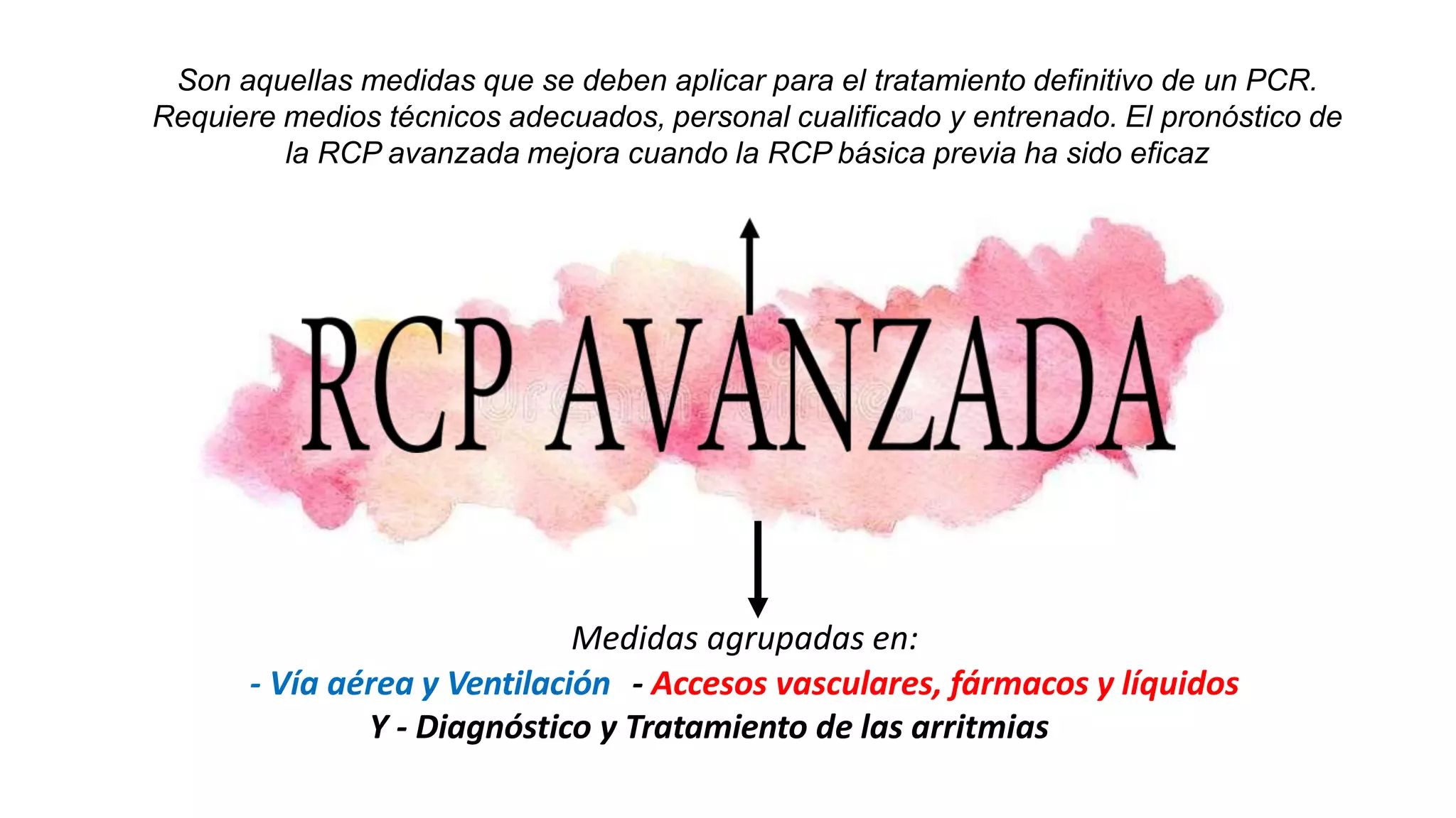 Son aquellas medidas que se deben aplicar para el tratamiento definitivo de un PCR.
Requiere medios técnicos adecuados, personal cualificado y entrenado. El pronóstico de
la RCP avanzada mejora cuando la RCP básica previa ha sido eficaz
Medidas agrupadas en:
- Vía aérea y Ventilación - Accesos vasculares, fármacos y líquidos
Y - Diagnóstico y Tratamiento de las arritmias
 