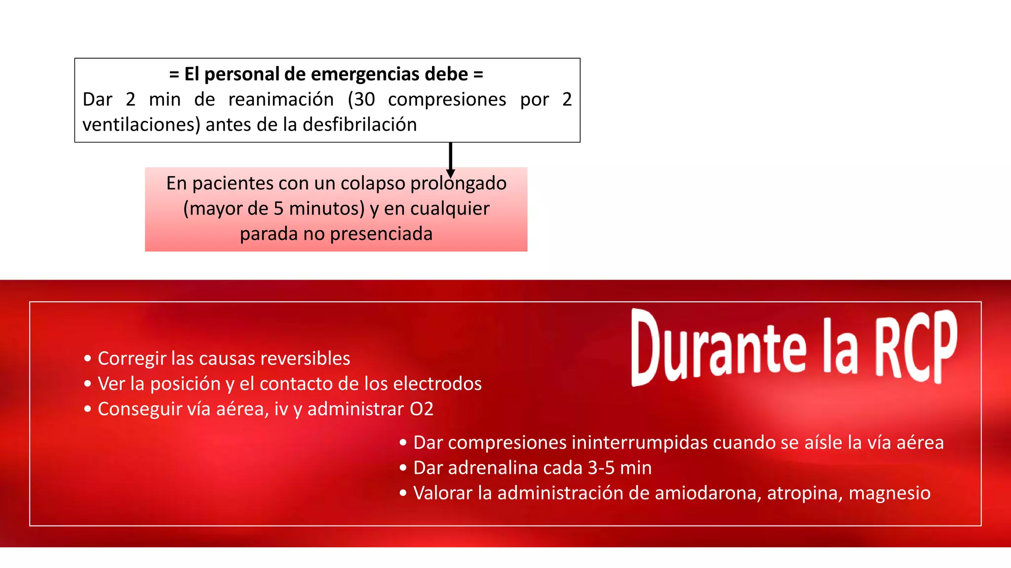 = El personal de emergencias debe =
Dar 2 min de reanimación (30 compresiones por 2
ventilaciones) antes de la desfibrilación
En pacientes con un colapso prolongado
(mayor de 5 minutos) y en cualquier
parada no presenciada
• Corregir las causas reversibles
• Ver la posición y el contacto de los electrodos
• Conseguir vía aérea, iv y administrar O2
• Dar compresiones ininterrumpidas cuando se aísle la vía aérea
• Dar adrenalina cada 3-5 min
• Valorar la administración de amiodarona, atropina, magnesio
 