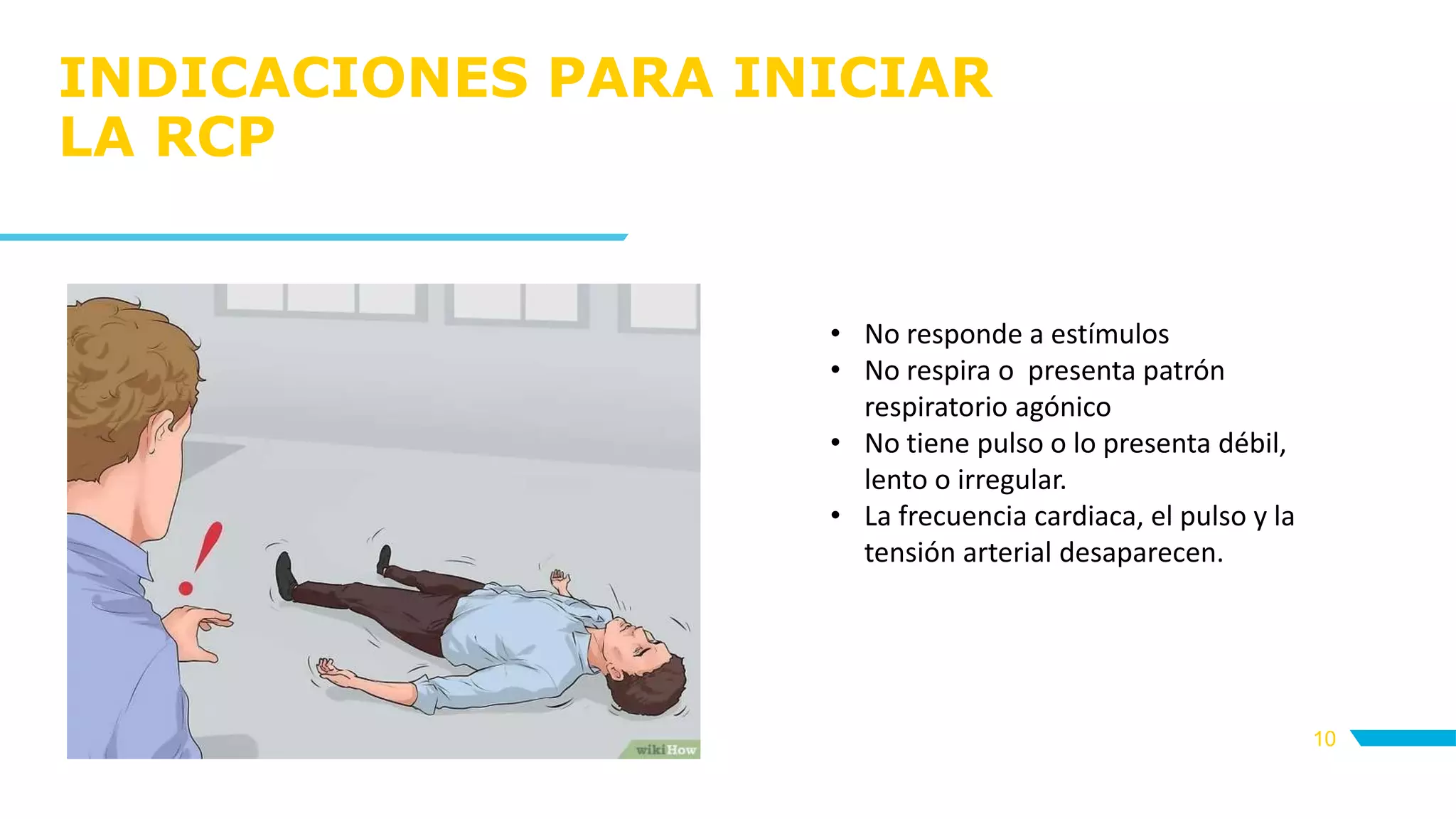 INDICACIONES PARA INICIAR
LA RCP
10
• No responde a estímulos
• No respira o presenta patrón
respiratorio agónico
• No tiene pulso o lo presenta débil,
lento o irregular.
• La frecuencia cardiaca, el pulso y la
tensión arterial desaparecen.
 