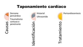 Causas
Derrame
pericárdico
Traumatismo
contuso o
penetrante
Identificación
Historial
Ultrasonido
Tratamiento
Pericardiocentesis
Taponamiento cardíaco
 