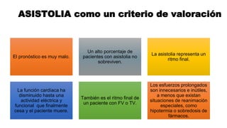 ASISTOLIA como un criterio de valoración
El pronóstico es muy malo.
Un alto porcentaje de
pacientes con asistolia no
sobreviven.
La asistolia representa un
ritmo final.
La función cardíaca ha
disminuido hasta una
actividad eléctrica y
funcional que finalmente
cesa y el paciente muere.
También es el ritmo final de
un paciente con FV o TV.
Los esfuerzos prolongados
son innecesarios e inútiles,
a menos que existan
situaciones de reanimación
especiales, como
hipotermia o sobredosis de
fármacos.
 