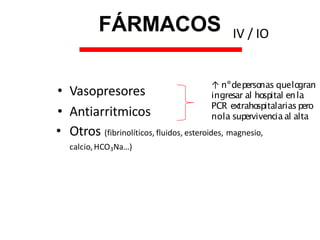 • Vasopresores
• Antiarritmicos
• Otros (fibrinolíticos, fluidos, esteroides, magnesio,
calcio,HCO3Na…)
FÁRMACOS IV / IO
↑ nºdeperso
nas quelo
gran
ingresar al ho
spital enla
PCR extraho
spitalariaspero
nola supervivencia al alta
 
