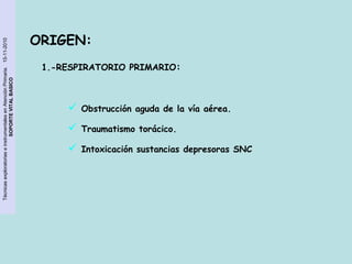 Técnicas exploratorias e instrumentales en Atención Primaria. 15-11-2010 
SOPORTE VITAL BASICO 
ORIGEN: 
1.-RESPIRATORIO PRIMARIO: 
 Obstrucción aguda de la vía aérea. 
 Traumatismo torácico. 
 Intoxicación sustancias depresoras SNC 
 