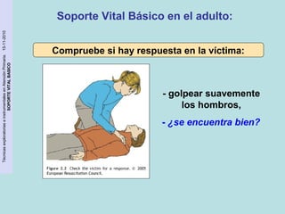 Técnicas exploratorias e instrumentales en Atención Primaria. 15-11-2010 
SOPORTE VITAL BASICO 
Soporte Vital Básico en el adulto: 
Compruebe si hay respuesta en la víctima: 
- golpear suavemente 
los hombros, 
- ¿se encuentra bien? 
 