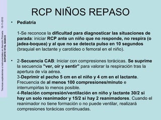 Técnicas exploratorias e instrumentales en Atención Primaria. 15-11-2010 
SOPORTE VITAL BASICO 
RCP NIÑOS REPASO 
• Pediatría 
1-Se reconoce la dificultad para diagnosticar las situaciones de 
parada: iniciar RCP ante un niño que no responde, no respira (o 
jadea-boquea) y al que no se detecta pulso en 10 segundos 
(braquial en lactante y carotídeo o femoral en el niño). 
• 2-Secuencia CAB: Iniciar con compresiones torácicas. Se suprime 
la secuencia "ver, oír y sentir" para valorar la respiración tras la 
apertura de vía aérea. 
3-Deprimir el pecho 5 cm en el niño y 4 cm en el lactante. 
Frecuencia de al menos 100 compresiones/minuto e 
interrumpirlas lo menos posible. 
4-Relación compresión/ventilación en niño y lactante 30/2 si 
hay un solo reanimador y 15/2 si hay 2 reanimadores. Cuando el 
reanimador no tiene formación o no puede ventilar, realizará 
compresiones torácicas continuadas. 
 