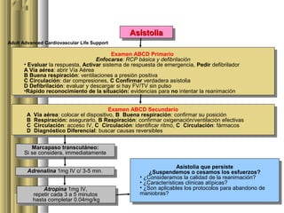 Asístolia
                                                 Asístolia
Adult Advanced Cardiovascular Life Support

                                           Examen ABCD Primario
                                            Examen ABCD Primario
                                    Enfocarse: RCP básica yydefibrilación
      • •Evaluar la respuesta, Activar sistema de respuesta de defibrilación Pedir defibrilador
                                     Enfocarse: RCP básica
          Evaluar la respuesta, Activar sistema de respuesta deemergencia, Pedir defibrilador
                                                                emergencia,
      A Vía aérea: abrir Vía Aérea
        A Vía aérea: abrir Vía Aérea
      B Buena respiración: ventilaciones aapresión positiva
        B Buena respiración: ventilaciones presión positiva
      C Circulación: dar compresiones, C Confirmar verdadera asístolia
        C Circulación: dar compresiones, C Confirmar verdadera asístolia
      D Defibrilación: evaluar yydescargar si hay FV/TV sin pulso
        D Defibrilación: evaluar descargar si hay FV/TV sin pulso
      •Rápido reconocimiento de la situación: evidencias para no intentar la reanimación
        •Rápido reconocimiento de la situación: evidencias para no intentar la reanimación

                                         Examen ABCD Secundario
                                          Examen ABCD Secundario
       A Vía aérea: colocar el dispositivo, B Buena respiración: confirmar su posición
        A Vía aérea: colocar el dispositivo, B Buena respiración: confirmar su posición
       B Respiración: asegurarlo, B Respiración: confirmar oxigenación/ventilación efectivas
        B Respiración: asegurarlo, B Respiración: confirmar oxigenación/ventilación efectivas
       C Circulación: acceso IV, C Circulación: identificar ritmo, C Circulación: fármacos
        C Circulación: acceso IV, C Circulación: identificar ritmo, C Circulación: fármacos
       D Diagnóstico Diferencial: buscar causas reversibles
        D Diagnóstico Diferencial: buscar causas reversibles

         Marcapaso transcutáneo:
          Marcapaso transcutáneo:
      Si se considera, immediatamente
       Si se considera, immediatamente

                                                                     Asistolia que persiste
                                                                      Asistolia que persiste
        Adrenalina 1mg IV c/ 3-5 min.
         Adrenalina 1mg IV c/ 3-5 min.                    ¿Suspendemos oocesamos los esfuerzos?
                                                           ¿Suspendemos cesamos los esfuerzos?
                                                     • •¿Consideramos la calidad de la reanimación?
                                                         ¿Consideramos la calidad de la reanimación?
                                                     • •¿Características clínicas atípicas?
                                                         ¿Características clínicas atípicas?
                                                     • •¿Son aplicables los protocolos para abandono de
              Atropina 1mg IV,
               Atropina 1mg IV,                          ¿Son aplicables los protocolos para abandono de
          repetir cada 33aa55minutos                 maniobras?
                                                       maniobras?
           repetir cada       minutos
          hasta completar 0.04mg/kg
           hasta completar 0.04mg/kg
 