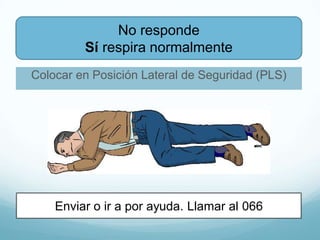 Colocar en Posición Lateral de Seguridad (PLS)
No responde
Sí respira normalmente
Enviar o ir a por ayuda. Llamar al 066
 