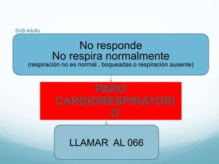 SVB Adulto
No responde
No respira normalmente
(respiración no es normal , boqueadas o respiración ausente)
PARO
CARDIORESPIRATORI
O
LLAMAR AL 066
 