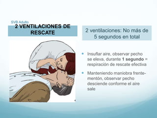 SVB Adulto
2 ventilaciones: No más de
5 segundos en total
 Insuflar aire, observar pecho
se eleva, durante 1 segundo =
respiración de rescate efectiva
 Manteniendo maniobra frente-
mentón, observar pecho
desciende conforme el aire
sale
2 VENTILACIONES DE
RESCATE
 