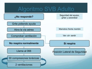 Algoritmo SVB Adulto
¿No responde?
Seguridad del equipo,
gritar y zarandear
Grite pidiendo ayuda
Abra la vía aérea Maniobra frente mentón
Comprobar ventilación Ver- oír- sentir
No respira normalmente
Llame al 066
30 compresiones torácicas
Sí respira
Posición Lateral de Seguridad
2 ventilaciones
 