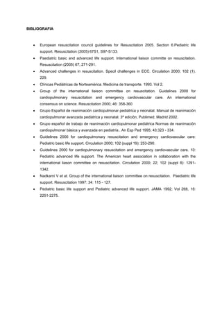 BIBLIOGRAFIA



  •   European resuscitation council guidelines for Resuscitation 2005. Section 6.Pediatric life
      support. Resuscitation (2005) 67S1, S97-S133.
  •   Paediatric basic and advanced life support. International liaison committe on resuscitation.
      Resuscitation (2005) 67, 271-291.
  •   Advanced challenges in resuscitation. Specil challenges in ECC. Circulation 2000; 102 (1).
      229.
  •   Clínicas Pediátricas de Norteamérica. Medicina de transporte. 1993. Vol 2.
  •   Group of the international liaison committee on resuscitation. Guidelines 2000 for
      cardiopulmonary resuscitation and emergency cardiovascular care. An international
      consensus on science. Resuscitation 2000; 46: 358-360
  •   Grupo Español de reanimación cardiopulmonar pediátrica y neonatal. Manual de reanimación
      cardiopulmonar avanzada pediátrica y neonatal. 3ª edición, Publimed. Madrid 2002.
  •   Grupo español de trabajo de reanimación cardiopulmonar pediátrica Normas de reanimación
      cardiopulmonar básica y avanzada en pediatría.. An Esp Ped 1995; 43:323 - 334.
  •   Guidelines 2000 for cardiopulmonary resuscitation and emergency cardiovascular care:
      Pediatric basic life support. Circulation 2000; 102 (suppl 19): 253-290.
  •   Guidelines 2000 for cardiopulmonary resuscitation and emergency cardiovascular care. 10:
      Pediatric advanced life support. The American heart association in collaboration with the
      international liason committee on resuscitation. Circulation 2000; 22; 102 (suppl 8): 1291-
      1342.
  •   Nadkarni V et al. Group of the international liaison committee on resuscitation. Paediatric life
      support. Resuscitation 1997: 34: 115 - 127.
  •   Pediatric basic life support and Pediatric advanced life support. JAMA 1992; Vol 268, 16:
      2251-2275.
 