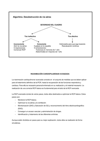 Algoritmo. Desobstrucción de vía aérea


                                       SEVERIDAD DEL CUADRO




                 Tos inefectiva                                              Tos efectiva



  Inconsciente                    Consciente                  Estimularle para que siga tosiendo
  Abrir la vía aérea          5 golpes en la espalda             Reevaluación continua
  5 respiraciones             5 compresiones:
  Comenzar RCP                  Torácicas en menores de 1 año
                                Abdominales en mayores de 1 año




                         REANIMACIÓN CARDIOPULMONAR AVANZADA


La reanimación cardiopulmonar avanzada consiste en el conjunto de medidas que se deben aplicar
para el tratamiento definitivo de la PCR, hasta la recuperación de las funciones respiratoria y
cardiaca. Para ello es necesario personal entrenado en su realización y el material necesario. La
realización de una correcta RCP básica es fundamental para el éxito de la RCP avanzada.


La RCP avanzada consta de varios pasos, todos ellos destinados a optimizar la RCP básica. Estos
pasos son:
    -   Mantener la RCP básica.
    -   Optimizar la vía aérea y la ventilación.
    -   Monitorización (EKG y Saturación de O2) y reconocimiento del ritmo electrocardiográfico
        (EKG).
    -   Conseguir un acceso vascular y administración de drogas.
    -   Identificación y tratamiento de las diferentes arritmias.


Aunque estén divididos en pasos para su mejor explicación, todos ellos se realizarán de forma
simultánea.
 