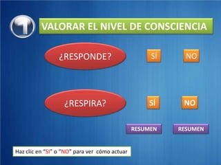 VALORAR EL NIVEL DE CONSCIENCIA

                 ¿RESPONDE?                         SÍ     NO




                   ¿RESPIRA?                       SÍ     NO

                                               RESUMEN   RESUMEN


Haz clic en “SI” o “NO” para ver cómo actuar
 