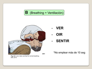 - VER
- OIR
- SENTIR
*No emplear más de 10 seg
B (Breathing = Ventilación)
Fig. 2.6. Look, listen and feel for normal breathing.
ERC 2010
 