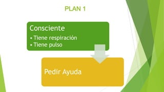 PLAN 1
Consciente
• Tiene respiración
• Tiene pulso
Pedir Ayuda
 
