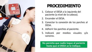 PROCEDIMIENTO
1. Colocar el DESA a la izquierda del
paciente (a nivel de la cabeza).
2. Encender el DESA.
3. Conectar la conexión de los parches al
DESA.
4. Adherir los parches al paciente.
5. Indicará por medios visuales y/o
sonoros.
No permita que nadie toque al paciente
hasta que el DESA se lo indique.
 