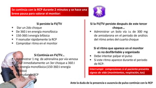 Se continúa con la RCP durante 2 minutos y se hace una
breve pausa para valorar el monitor:
Si la FV/TV persiste después de este tercer
choque…
 Administrar un bolo vía i.v. de 300 mg
de amiodarona en el periodo de análisis
del ritmo antes del cuarto choque
Si el ritmo que aparece en el monitor
es no desfibrilable y organizado
 Debe intentar palpar el pulso
 Si este ritmo aparece durante el periodo
de RCP:
Interrumpir compresiones si el paciente presenta
signos de vida (movimientos, respiración, tos)
Ante la duda de la presencia o ausencia de pulso continúe con la RCP
Si persiste la FV/TV
 Dar un 2do choque
 De 360 J en energía monofásica
 150-360 J energía bifásica
 Y reanudar rápidamente la RCP
 Comprobar ritmo en el monitor
Si Continúa en FV/TV…
 Administrar 1 mg de adrenalina por vía venosa
 Y dar inmediatamente un 3er choque a 360 J
 en energía monofásica (150-360 J energía
 bifásica)
 Reanudando RCP
 