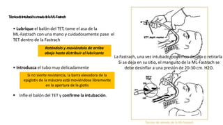 La Fastrach, una vez intubado, podemos dejarla o retirarla
Si se deja en su sitio, el manguito de la ML-Fastrach se
debe desinflar a una presión de 20-30 cm. H2O.
• Lubrique el balón del TET, tome el asa de la
ML-Fastrach con una mano y cuidadosamente pase el
TET dentro de la Fastrach
• Introduzca el tubo muy delicadamente
 Infle el balón del TET y confirme la intubación.
Rotándolo y moviéndolo de arriba
abajo hasta distribuir el lubricante
Si no siente resistencia, la barra elevadora de la
epiglotis de la máscara está moviéndose libremente
en la apertura de la glotis
TécnicadeIntubació
natravésdelaM
L-Fastrach
 
