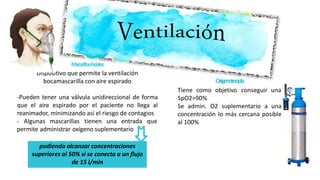 M
a
sca
rillasFaciales
Dispositivo que permite la ventilación
bocamascarilla con aire espirado
-Pueden tener una válvula unidireccional de forma
que el aire espirado por el paciente no llega al
reanimador, minimizando así el riesgo de contagios
- Algunas mascarillas tienen una entrada que
permite administrar oxígeno suplementario
pudiendo alcanzar concentraciones
superiores al 50% si se conecta a un flujo
de 15 l/min
Oxigenoterapia
Tiene como objetivo conseguir una
SpO2>90%
Se admin. O2 suplementario a una
concentración lo más cercana posible
al 100%
 