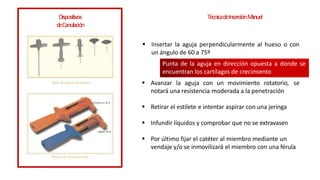 Dispositivos
deCanulación
 Insertar la aguja perpendicularmente al hueso o con
un ángulo de 60 a 75º
TécnicadeInserciónM
anuel
 Retirar el estilete e intentar aspirar con una jeringa
 Infundir líquidos y comprobar que no se extravasen
 Por último fijar el catéter al miembro mediante un
vendaje y/o se inmovilizará el miembro con una férula
Punta de la aguja en dirección opuesta a donde se
encuentran los cartílagos de crecimiento
 Avanzar la aguja con un movimiento rotatorio, se
notará una resistencia moderada a la penetración
 
