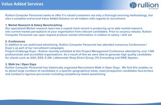 Value Added Services

 Rullion Computer Personnel seeks to offer it’s valued customers not only a thorough sourcing methodology, but
 also a complete end-to-end Value Added Solution on all matters with regards to recruitment.

 1. Market Research & Salary Benchmarking
 Our specialized Market research team has a superb track record in producing up to date market research
 into current market perceptions of your organisation from relevant candidates. Prior to vacancy release, Rullion
 Computer Personnel can upon request produce market information in relation to salary / skill set

 2. Conferences
 In addition to our publicised advertising, Rullion Computer Personnel has attended numerous Conferences /
 Expo’s as part of our recruitment campaigns.
 Project Challenge Expo - Rullion recently exhibited at this Project Management Conference attended by over 1300
 professionals and accredited organisations. As a result of this we were able to generate high quality candidates
 for clients such as AXA, EDS, E.ON, Littlewoods Shop Direct Group, PA Consulting and RWE Npower.

 3. Walk Ins / Open Days
 Rullion Computer Personnel has historically organised Recruitment Walk-in Open Days. We find this enables us
 to attract large numbers of candidates in a specific geographical areas, meet prospective candidates face-to-face
 and conduct a rigorous pre-screen including competency based questioning
 