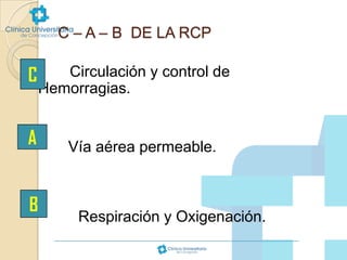 C – A – B DE LA RCP

C

Circulación y control de
Hemorragias.

A
B

Vía aérea permeable.

Respiración y Oxigenación.

 
