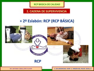 U. DE URGENCIAS. HOSP. U. VIRGEN DEL ROCÍO. SEVILLA
2. CADENA DE SUPERVIVENCIA
+ 2º Eslabón: RCP (RCP BÁSICA)
RCP
DR. ANTONIO CABALLERO OLIVER
RCP BÁSICA DE CALIDAD
 