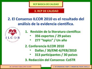 U. DE URGENCIAS. HOSP. U. VIRGEN DEL ROCÍO. SEVILLA
3. RCP DE CALIDAD
2. El Consenso ILCOR 2010 es el resultado del
análisis de la evidencia científica.
1. Revisión de la literatura científica:
• 356 expertos / 29 países
• 277 “topics” / Un año
2. Conferencia ILCOR 2010
• Dallas / 30/ENE-6/FEB/2010
• 313 participantes / 30 países
3. Redacción del Consenso: CoSTR
DR. ANTONIO CABALLERO OLIVER
RCP BÁSICA DE CALIDAD
 