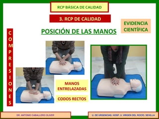 U. DE URGENCIAS. HOSP. U. VIRGEN DEL ROCÍO. SEVILLA
3. RCP DE CALIDAD
C
O
M
P
R
E
S
I
O
N
E
S
POSICIÓN DE LAS MANOS
MANOS
ENTRELAZADAS
CODOS RECTOS
EVIDENCIA
CIENTÍFICA
DR. ANTONIO CABALLERO OLIVER
RCP BÁSICA DE CALIDAD
 