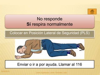 Colocar en Posición Lateral de Seguridad (PLS)
No responde
Sí respira normalmente
Enviar o ir a por ayuda. Llamar al 116
20/05/2015
Laura, Egúsquiza, Laván, Gonzales, Lazo
 