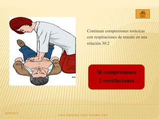 Continuar compresiones torácicas
con respiraciones de rescate en una
relación 30:2
30 compresiones
2 ventilaciones
20/05/2015
Laura, Egúsquiza, Laván, Gonzales, Lazo
 