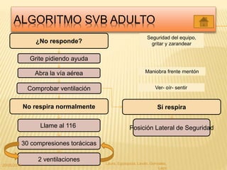 ALGORITMO SVB ADULTO
¿No responde?
Seguridad del equipo,
gritar y zarandear
Grite pidiendo ayuda
Abra la vía aérea Maniobra frente mentón
Comprobar ventilación Ver- oír- sentir
No respira normalmente
Llame al 116
30 compresiones torácicas
Sí respira
Posición Lateral de Seguridad
2 ventilaciones
20/05/2015 Laura, Egúsquiza, Laván, Gonzales,
Lazo
 