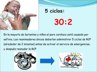 En la mayoría de lactantes y niños el paro cardiaco está causado por asfixia. Los reanimadores únicos deberían administrar 5 ciclos de RCP (alrededor de 2 minutos) antes de activar el servicio de emergencias, y después reanudar la RCP 5 ciclos: 30:2 
