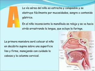 A La vía aérea del niño es estrecha y colapsable y se obstruye fácilmente por mucosidades, sangre o contenido gástrico. En el niño inconsciente la mandíbula se relaja y se va hacia atrás arrastrando la lengua, que ocluye la faringe. La primera maniobra será colocar al niño en decúbito supino sobre una superficie lisa y firme, manejando con cuidado la cabeza y la columna cervical. 