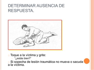 DETERMINAR AUSENCIA DE
RESPUESTA.
Toque a la víctima y grite:
“¿estás bien?”
Si sopecha de lesión traumática no mueva o sacuda
a la víctima.
 