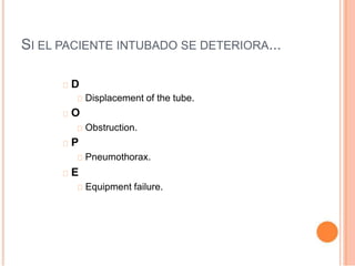 SI EL PACIENTE INTUBADO SE DETERIORA...
D
Displacement of the tube.
O
Obstruction.
P
Pneumothorax.
E
Equipment failure.
 