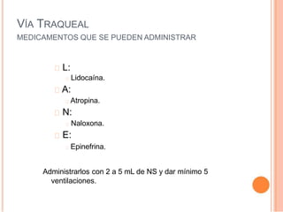 VÍA TRAQUEAL
MEDICAMENTOS QUE SE PUEDEN ADMINISTRAR
L:
Lidocaína.
A:
Atropina.
N:
Naloxona.
E:
Epinefrina.
Administrarlos con 2 a 5 mL de NS y dar mínimo 5
ventilaciones.
 
