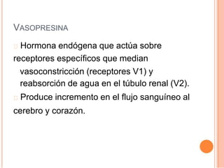 VASOPRESINA
Hormona endógena que actúa sobre
receptores específicos que median
vasoconstricción (receptores V1) y
reabsorción de agua en el túbulo renal (V2).
Produce incremento en el flujo sanguíneo al
cerebro y corazón.
 