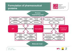 Formulation of pharmaceutical
proteins
Process
engineering level
Stirring+
mixing
(Freeze)-
drying
Filtration Refolding
Freeze-
thaw
Crystal-
lisation
filling
storage transport
- Seite06.10.2010 4
RCPE - Area 2
API Formulation
Product at
customer
Molecular level
Shear
stress
Packaging
material
Surface
interactions
Hydration
effect
Phase
transition
Excipients
Formulation
conditions
Environ-
ment
 