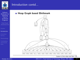 Software
Birthmark for
Detecting
Theft of
JavaScript
Programs
Patel Swati
Jitendrakumar
Outline
Introduction
Literature
Survey
Methodology
Conclusions
and Future
work
Introduction contd...
Heap Graph based Birthmark
Content of this slide cited from [?]
October 24, 2013 SES’s R. C. Patel Institute of Technology, Shirpur, MS, India 7
 