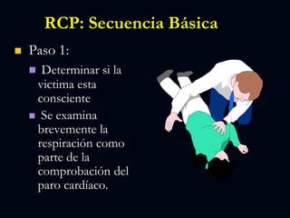 RCP: Secuencia Básica
 Paso 1:
 Determinar si la
victima esta
consciente
 Se examina
brevemente la
respiración como
parte de la
comprobación del
paro cardíaco.
 