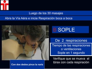 Luego de los 30 masajes
Abra la Vía Aéra e inicie Respiración boca a boca
B SOPLE
Tiempo de las respiraciones
o ventilaciones
Sople en 1 segundo
Verifique que se mueva el
tórax con cada respiración
De 2 respiraciones
Con dos dedos pince la nariz
 