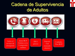 Cadena de Supervivencia
de Adultos
Active el
servicio de
emergencia
Inicie RCP
Énfasis en la
Compresión
cardiaca
DEA
precoz
Soporte
vital
avanzado
efectivo
Cuidados
Post RCP
 