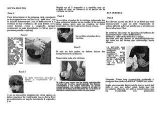RCP EN ADULTOS
Paso 1
Para determinar si la persona está consciente
se le pregunta con voz fuerte si " está bien" y se
le sacude firmemente ( no se debe mover a la
víctima si hay evidencia de una lesión seria
como huesos rotos o sangrado, aunque
realmente es más importante verificar que la
persona pueda respirar)
Pasó 2
Si se presume
que la víctima
sufre
una
lesión en el
cuello,
la
persona que
realiza
la
maniobra
debe colocar
sus manos a
los lados de
las mejillas de
la
víctima,
doblando las
puntas de los
dedos bajo el
ángulo de la
mandíbula y
halándole
luego la cara
hacia sí

Repite en el 5 segundo y a medida que se
exhala el aire, se observa si el pecho de la
víctima se eleva.

RCP EN BEBES

Pasó 4

Paso 1
Se verifica el pulso de la víctima colocando los
dos primeros dedos en su cuello, Si la persona Para llevar a cabo una RCP en un Bebé que está
tiene pulso, pero aún no respira, se debe inconsciente y que no está respirando se
continuar con la respiración boca a boca.
coloca el bebé sobre el antebrazo, o al niño con
la cara hacia arriba.
Se verifica el pulso de la
víctima

Se sostiene la cabeza en la palma de laMano de
la persona que realiza laManiobra.
Incline la cabeza del niño hacia atrás.
Levante con sus dedos la mandíbulaInferior
del niño en tal forma que sobresalga hacia
afuera.

La persona que
proporciona los
Si aún no hay pulso, se deben iniciar las primeros
auxilios
debe
compresiones cardiacas.
mantener
la
cabeza del bebé
inclinada hacia
Nunca deje sola a la víctima.
atrás, cubrirle la
boca y la nariz
con su boca y
exhalar.
Pasó 5

Pasó 3
Se debe observar, escuchar y
sentir la respiración de la
víctima.

Si no se encuentra ninguno de estos signos, se
debe comenzar la respiración boca a boca. Este
procedimiento se repite contando 4 segundos
y se

Se coloca una mano con los dedos entrelazados
encima de la otra, manteniendo los brazos
extendidos y los codos estirados. Se hacen
compresiones con ambas manos si el niño es
mayor de 8 años; si el niño tiene de 1 a 8 años, se
efectúan compresiones sólo con una mano

Después, Tome una respiración profunda y
ponga su boca sobre LA BOCA Y NARIZ del niño.
Sople suavemente dentro de la boca y nariz del
niño el aire que usted tomó, hasta que vea
levantarse el pecho del niño y usted sienta que
ha
expandido
sus
pulmones

 