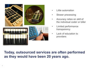 4
• Little automation
• Slower processing
• Accuracy relies on skill of
the individual coder or biller
• Limited performance
transparency
• Lack of education to
providers
Today, outsourced services are often performed
as they would have been 20 years ago.
 
