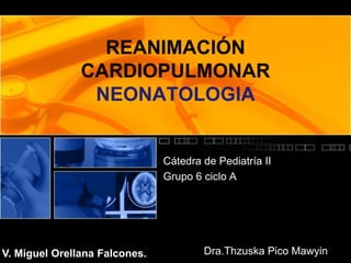 REANIMACIÓN
CARDIOPULMONAR
NEONATOLOGIA

Cátedra de Pediatría II
Grupo 6 ciclo A

V. Miguel Orellana Falcones.

Dra.Thzuska Pico Mawyin

 