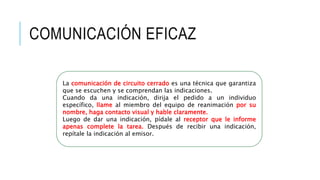 COMUNICACIÓN EFICAZ
La comunicación de circuito cerrado es una técnica que garantiza
que se escuchen y se comprendan las indicaciones.
Cuando da una indicación, dirija el pedido a un individuo
específico, llame al miembro del equipo de reanimación por su
nombre, haga contacto visual y hable claramente.
Luego de dar una indicación, pídale al receptor que le informe
apenas complete la tarea. Después de recibir una indicación,
repítale la indicación al emisor.
 